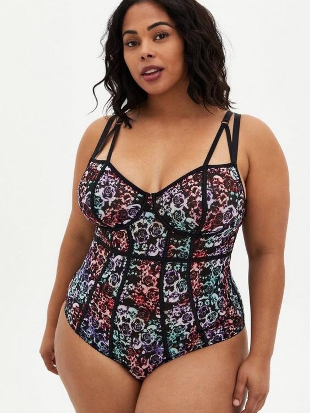 Torrid Curve Women’s Plus Size 3 Black Multicolor Floral One Piece Bodysuit